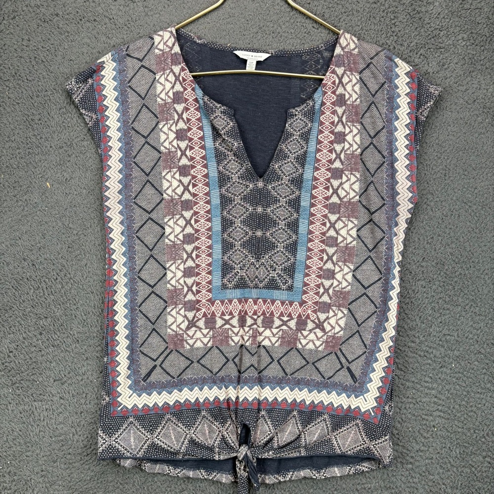Lucky Brand Womens Navy Blue Geometric Tribal Print Tie Front Top Small 11250